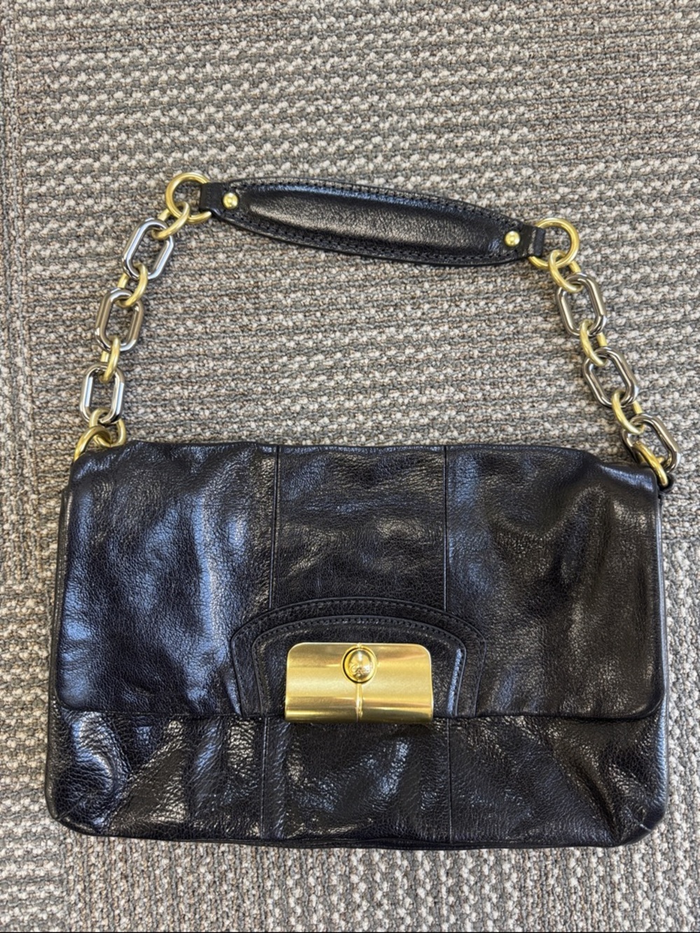 Coach Kristen Black Leather Shoulder Bag with Chain Link Handle